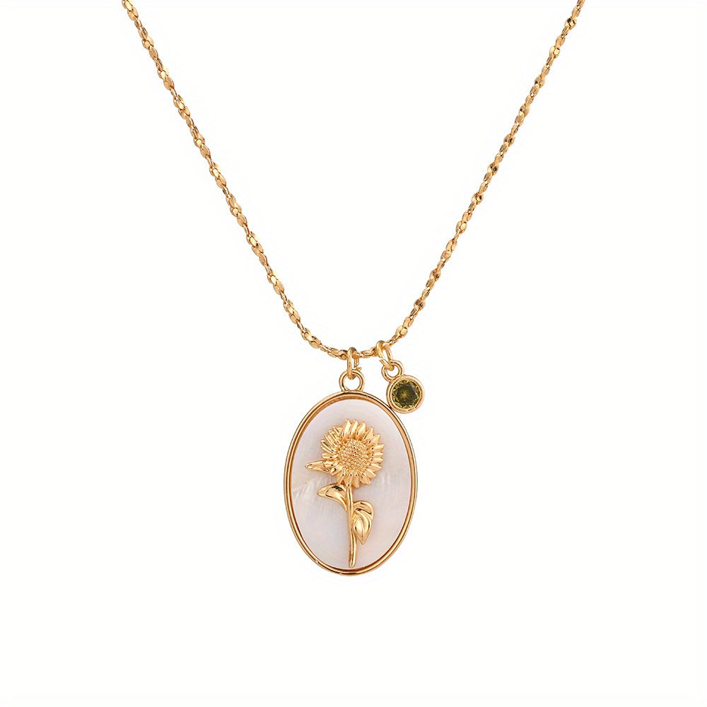 1pc Vintage Elegant 3D Birth Flower Pendant Necklace, 14K Golden Plated Copper with Synthetic December Birthstone, Oval White Shell Charm for Daily & Gift Occasions, Valentine'S Day Jewelry