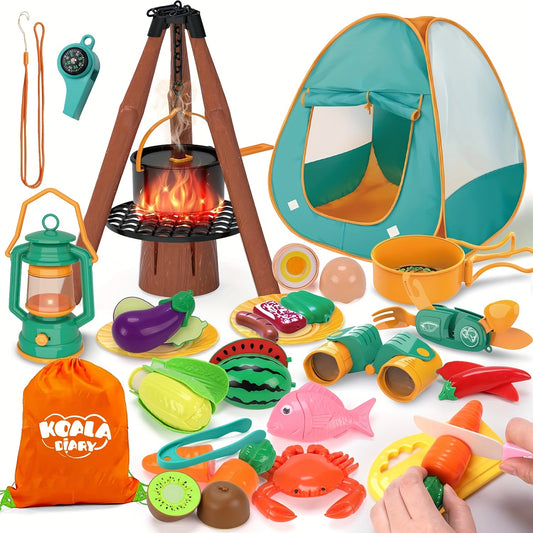Kid Camping Games, Outdoor Toys For Kids 3-5, Camping Tool Pretend Role Play Toys With Kids Tent/Campfire/ Telescope/Play Food/Whistle/Oil Lamps, 3 4 5 6 Year Old Boy Girl Gifts