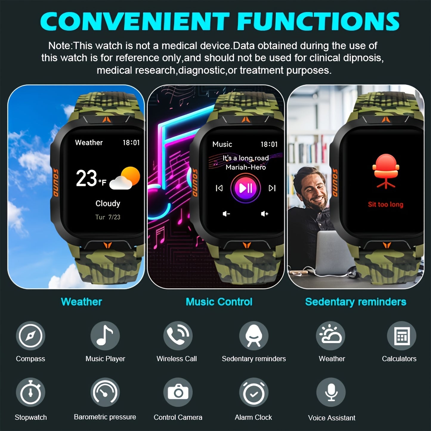 Outdoor smart watch, wireless calling, sports watch, compass, altimeter, barometer, LED flashlight, IP68, pedometer, fitness tracker, multimedia information viewing, weather 100+ sports modes, suitable for Android iPhone, Men