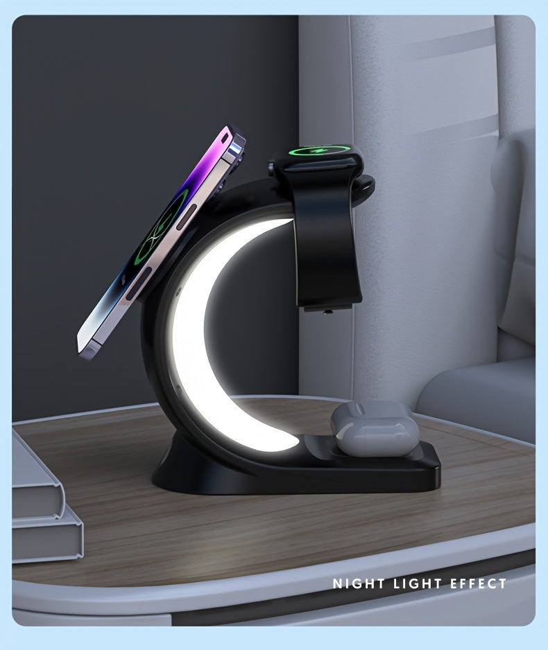 Wireless Charging Station - A Three-in-one Wireless Charging Dock For Watches, Earphones, And Mobile Phones, Suitable For IWatch 8/7/SE/6/5/4/3/2, IPhone 15 14 13 12 Pro Max, With Adjustable Night Light Bedside Lamp And Color