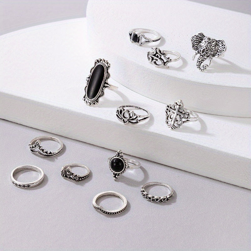 12pcs Gothic Style Stacking Rings Trendy Cross/ Lotus/ Crown Design Mix And Match For Daily Outfits Perfect Accessories For Cool ladies