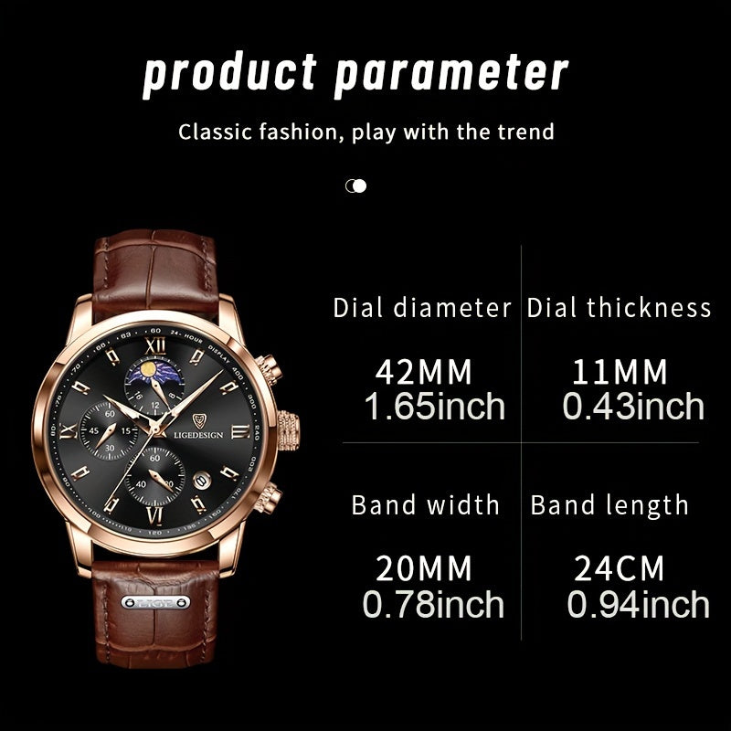 LIGE Men's Watch with Strap. Outdoor Sports Waterproof Watches. Chronograph Luminous Calendar Quartzwatches. Suitable as a Christmas gift.