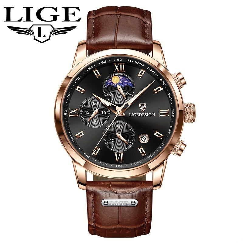 LIGE Men's Watch with Strap. Outdoor Sports Waterproof Watches. Chronograph Luminous Calendar Quartzwatches. Suitable as a Christmas gift.