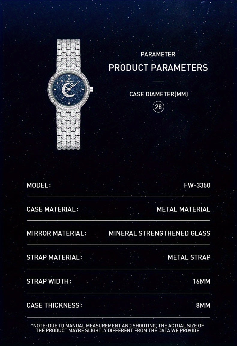 Round Quartz Watches Stainless Steel Strap Alloy Pointer Stainless Steel Rhinestone Dial Luminous Moon Phase Starry Sky Watches Gifts For Eid