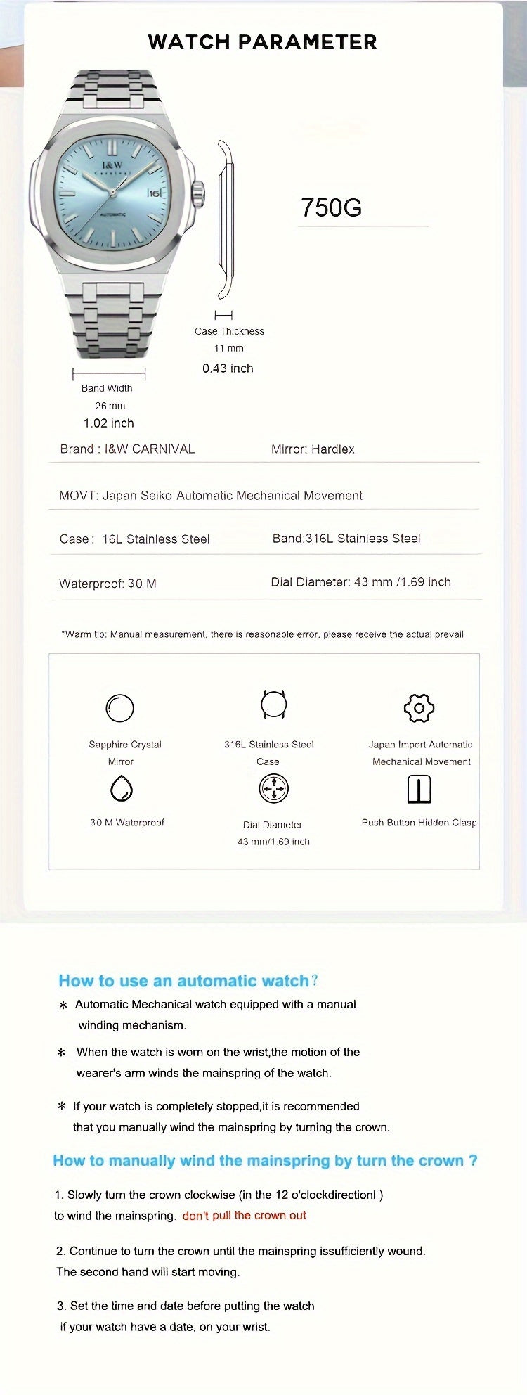 I&W CARNIVAL Men's Automatic Mechanical Watches, Waterproof Strong Luminous Full Steel Auto Date Watch