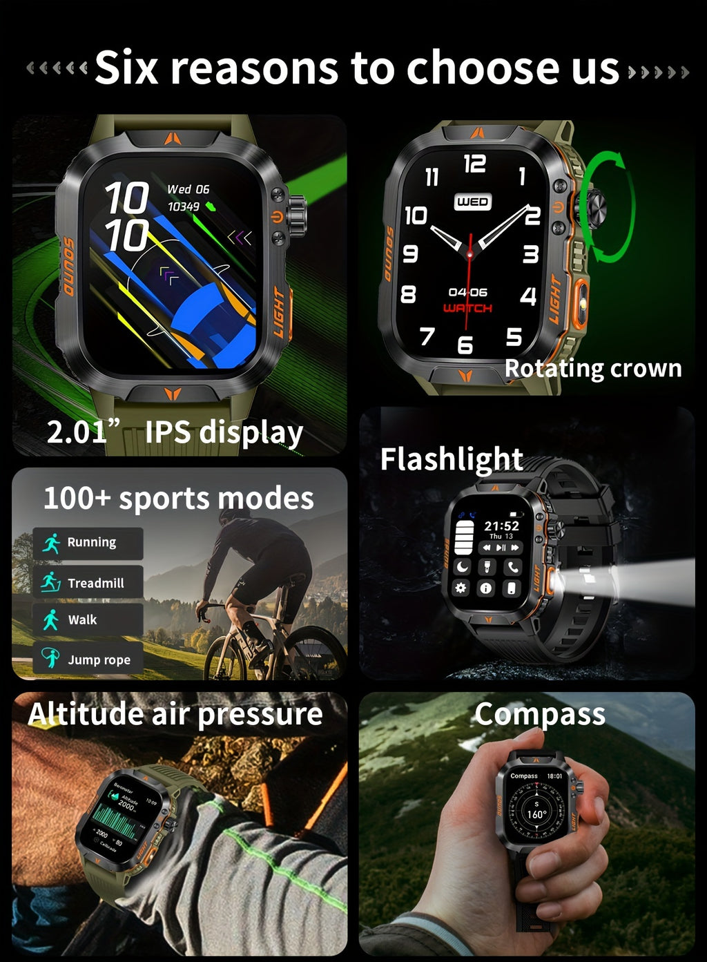 Outdoor smart watch, wireless calling, sports watch, compass, altimeter, barometer, LED flashlight, IP68, pedometer, fitness tracker, multimedia information viewing, weather 100+ sports modes, suitable for Android iPhone, Men