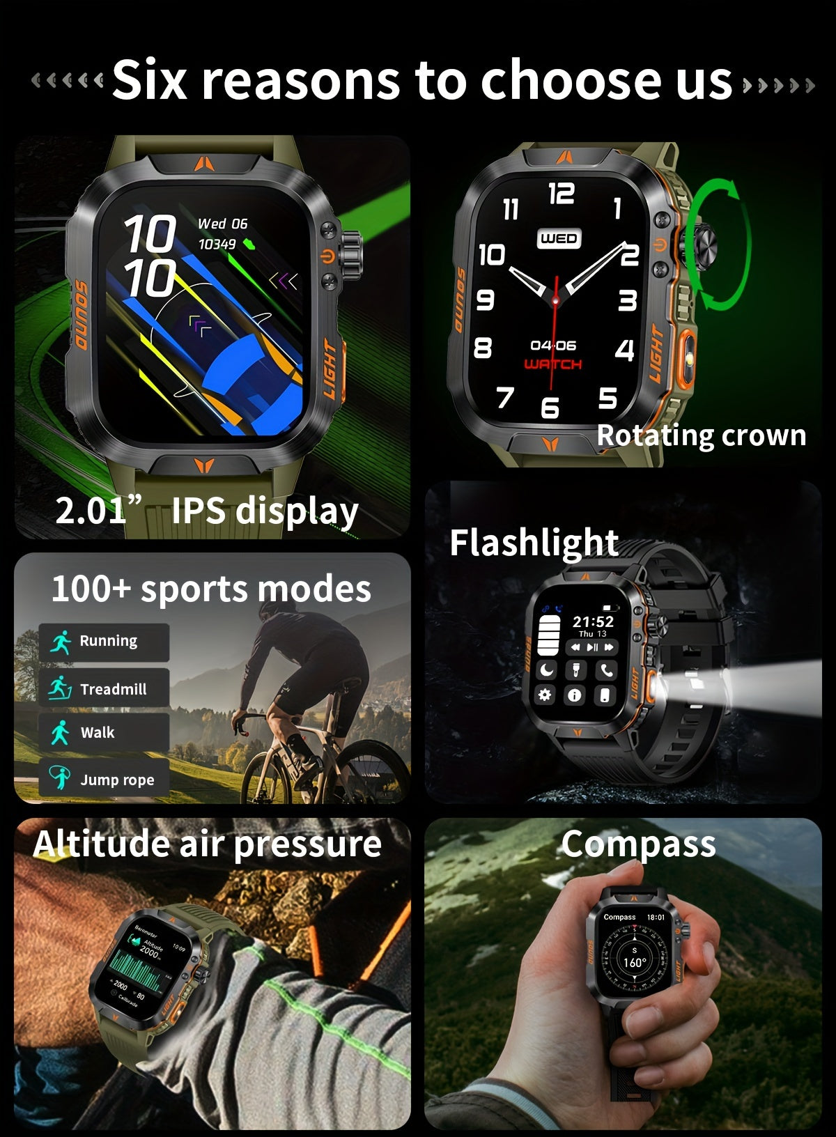 Outdoor smart watch, wireless calling, sports watch, compass, altimeter, barometer, LED flashlight, IP68, pedometer, fitness tracker, multimedia information viewing, weather 100+ sports modes, suitable for Android iPhone, Men