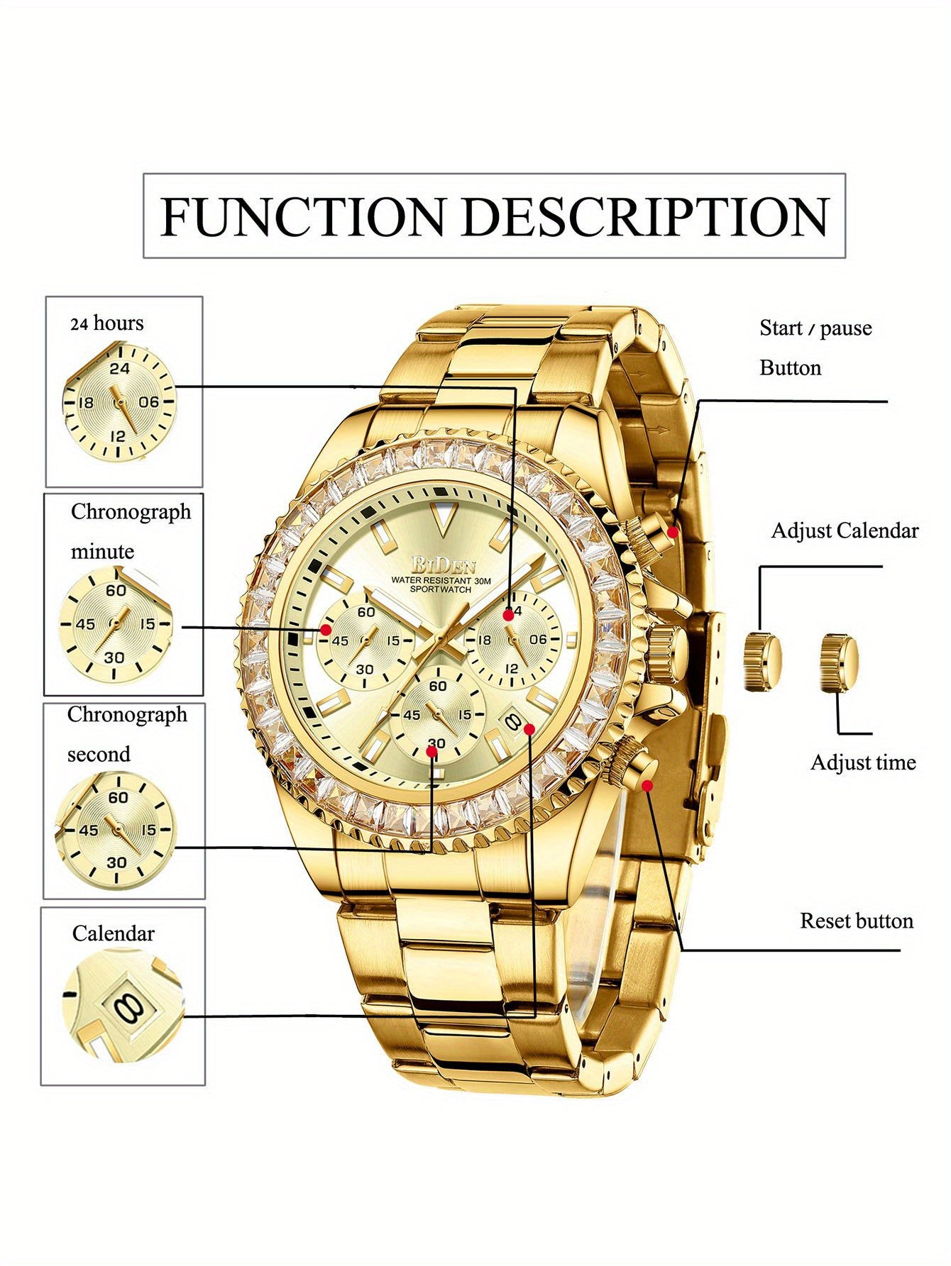 Mens Chronograph Stainless Steel Strap Waterproof Date Quartz Watch, Business Casual Wrist Watches