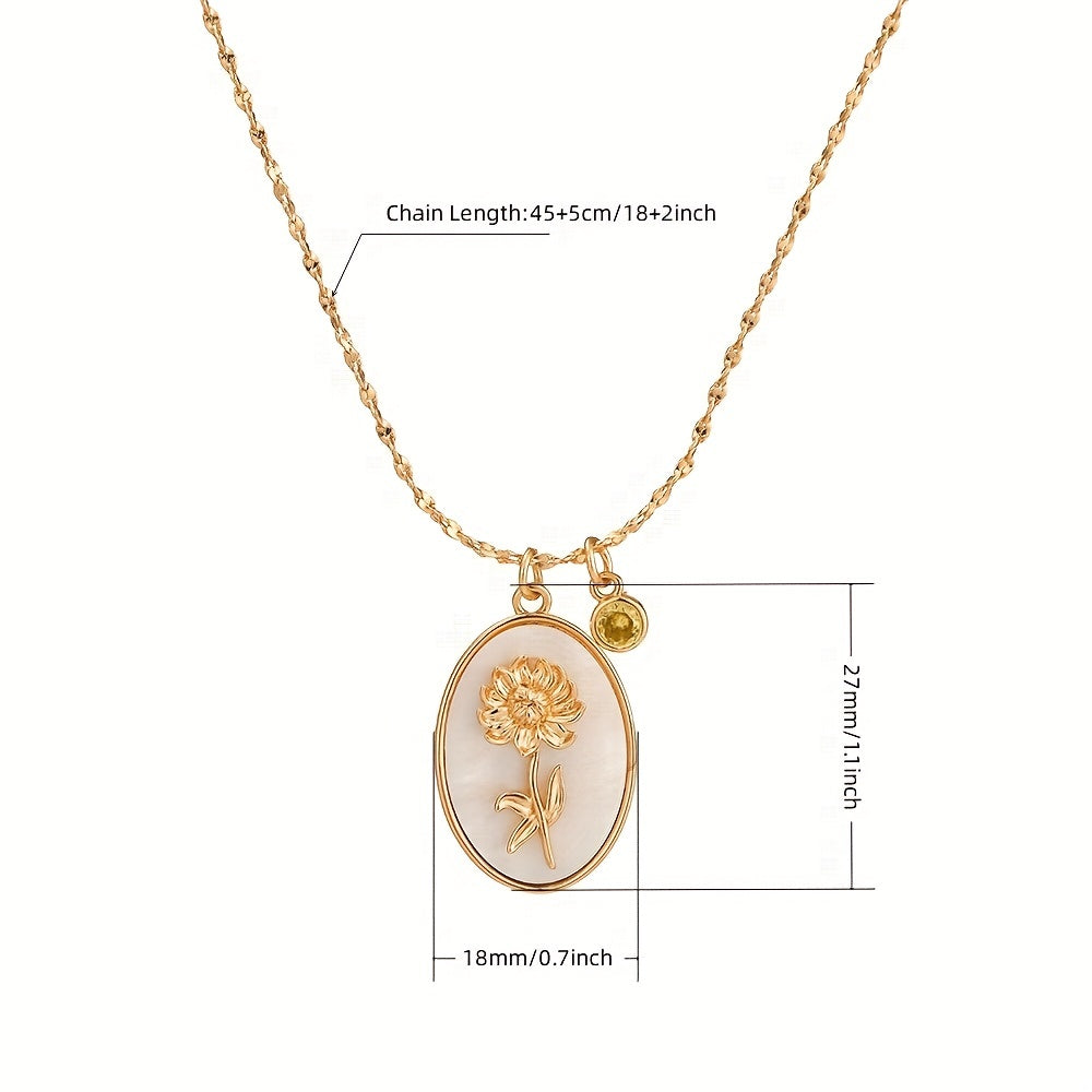 1pc Vintage Elegant 3D Birth Flower Pendant Necklace, 14K Golden Plated Copper with Synthetic December Birthstone, Oval White Shell Charm for Daily & Gift Occasions, Valentine'S Day Jewelry