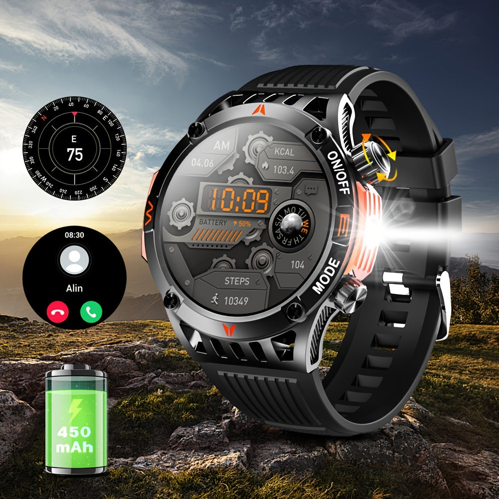 Military Smart Watch For Men Answer/Make Call, Outdoor Waterproof Tactical Sports Smartwatch With LED Flashlight Compass, Sleep Monitor Fitness Tracker Watches For IP Android Phone