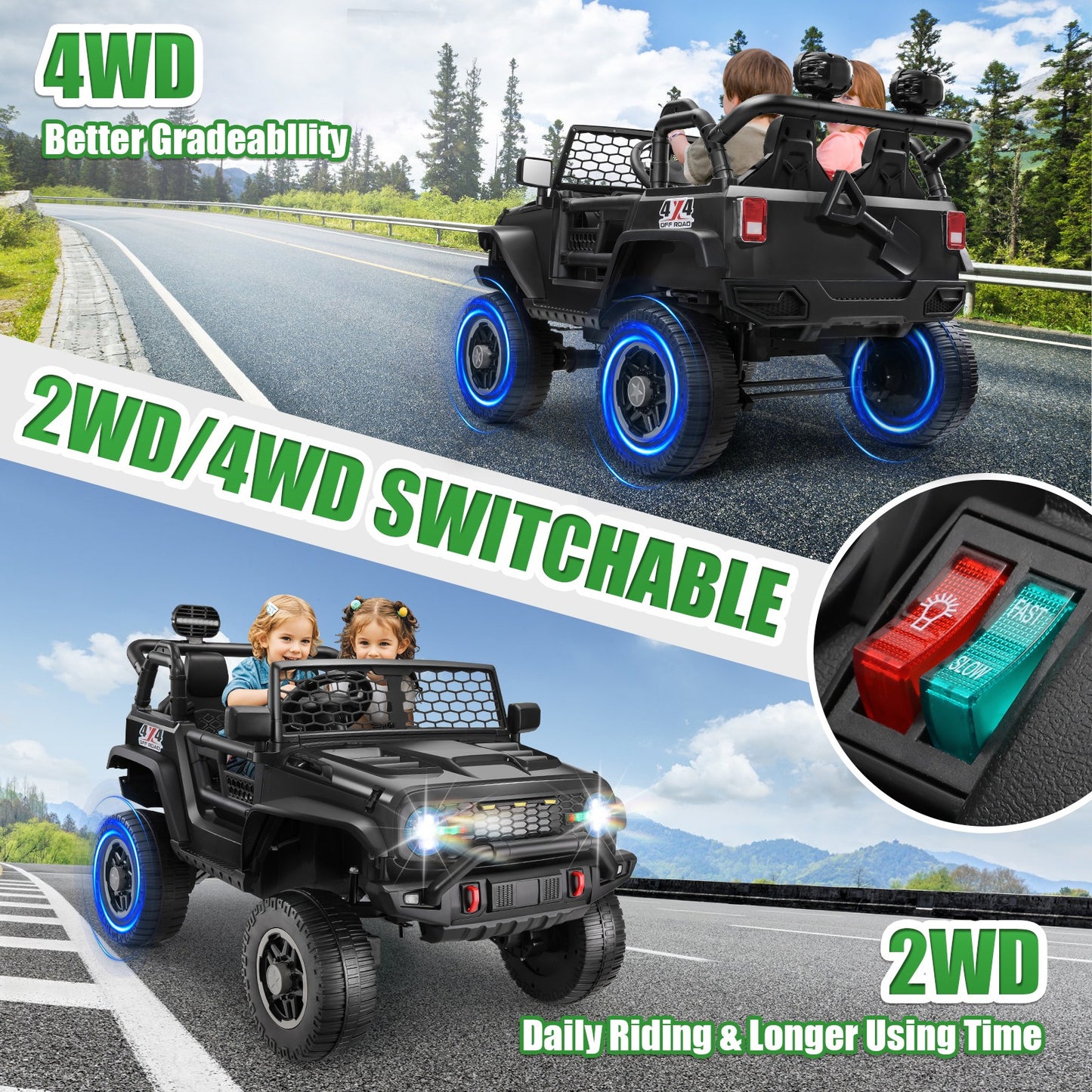 XL 24V Ride-on Toys, Kids Driveable Car Two Seater with Parent Remote, 20'' Wide Seat, 4x100W Powerful Motors, Music, Electric Ride-on Toys for Kids 24v, LED Head Light, Christmas Gift
