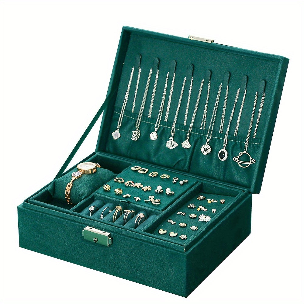 Vintage Glamour Jewelry Organizer Box - Spacious Dual-Level Storage with Lock, Safeguard Your Necklaces, Watches & Earrings in Style