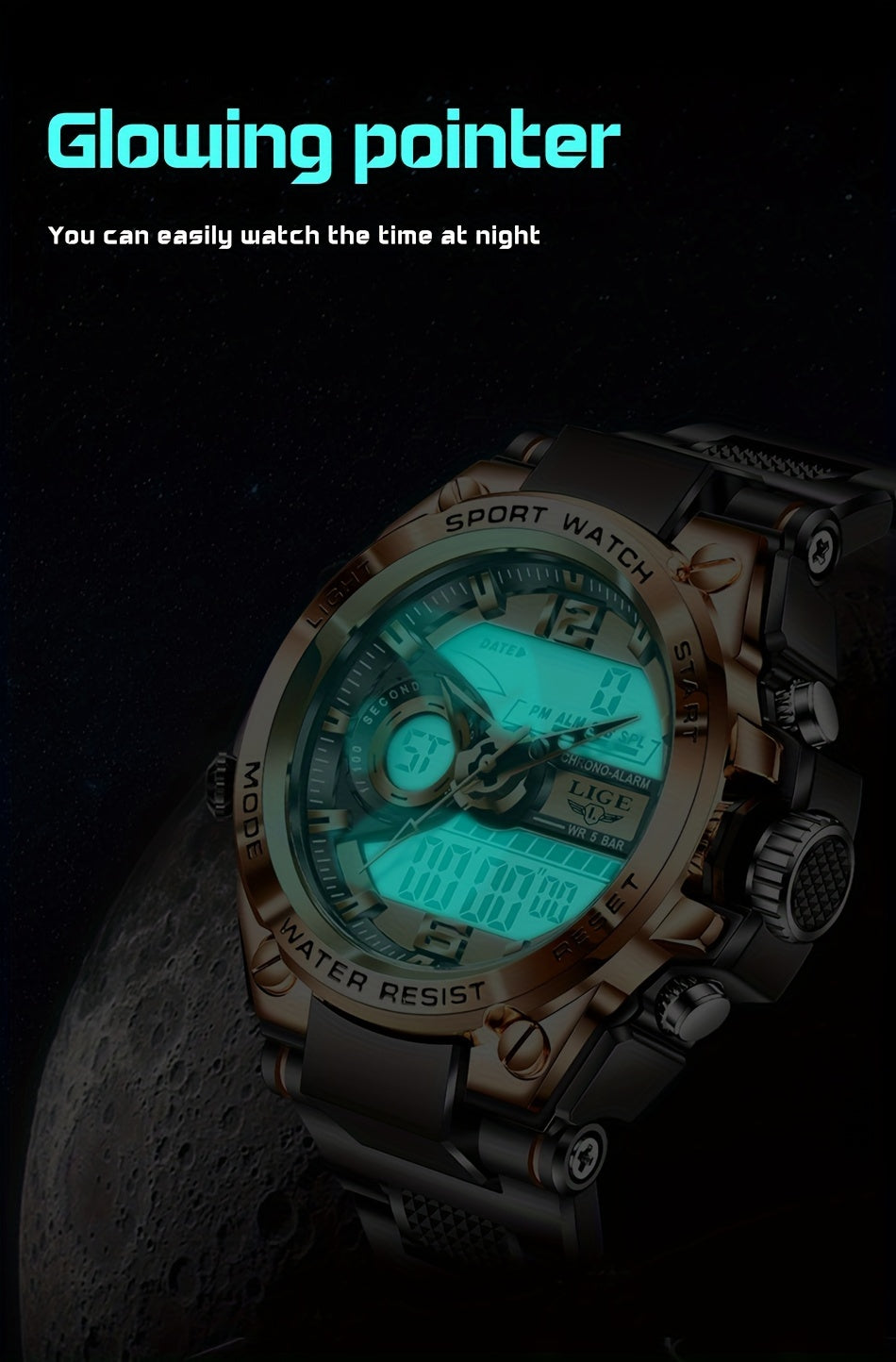 LIGE Electronic Watches For Men Luxury Sport Chronograph Alarm WristWatch Quartz Big Clock Digital Male Watch