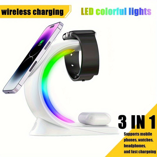Wireless Charging Station - A Three-in-one Wireless Charging Dock For Watches, Earphones, And Mobile Phones, Suitable For IWatch 8/7/SE/6/5/4/3/2, IPhone 15 14 13 12 Pro Max, With Adjustable Night Light Bedside Lamp And Color