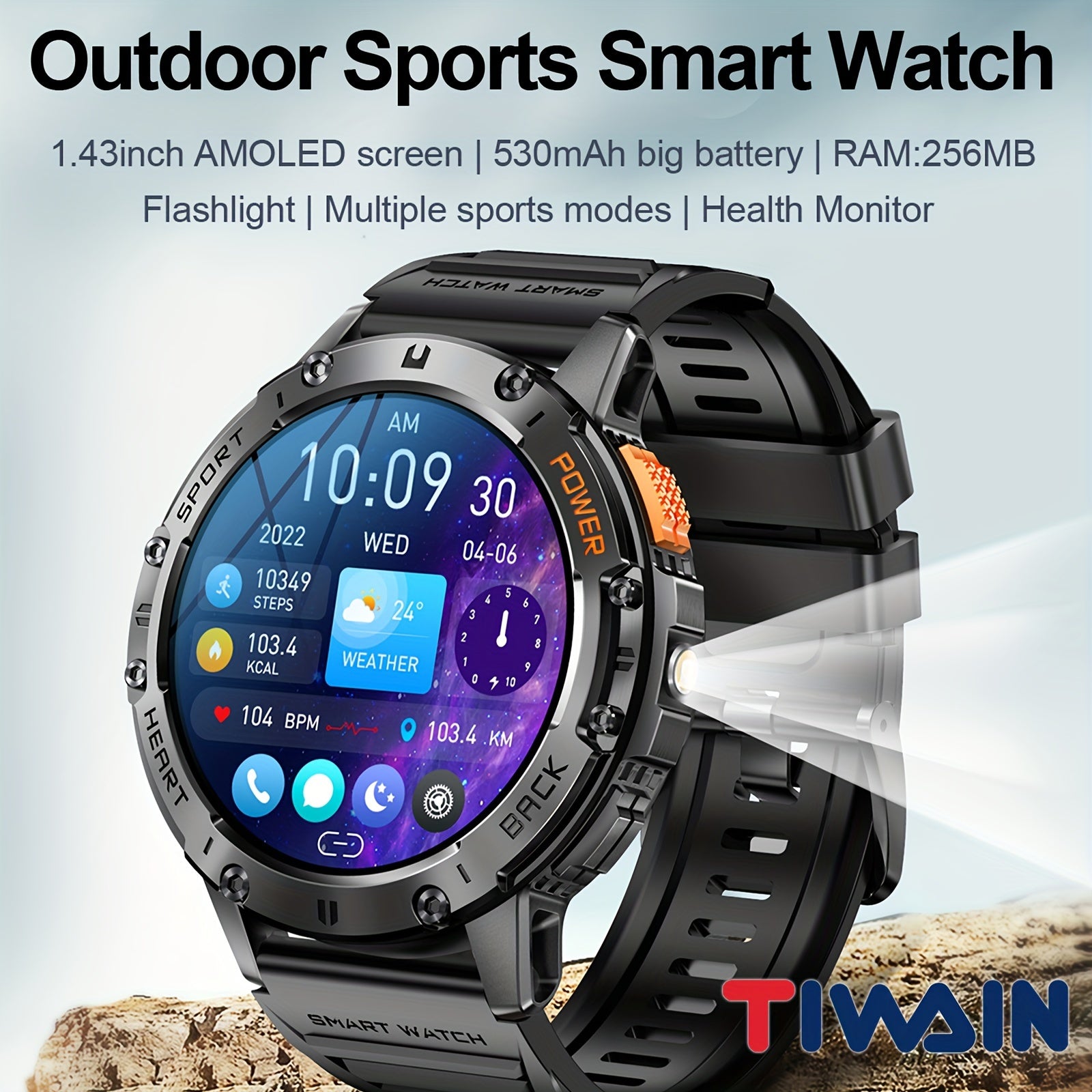 [Smart Watch] Tiwain Smart Watch | 1.43" Full Touch AMOLED Screen, 100+ Sport Modes, Flashlight, Answer Calls Wirelessly, Compatible with Android Phones and iPhone