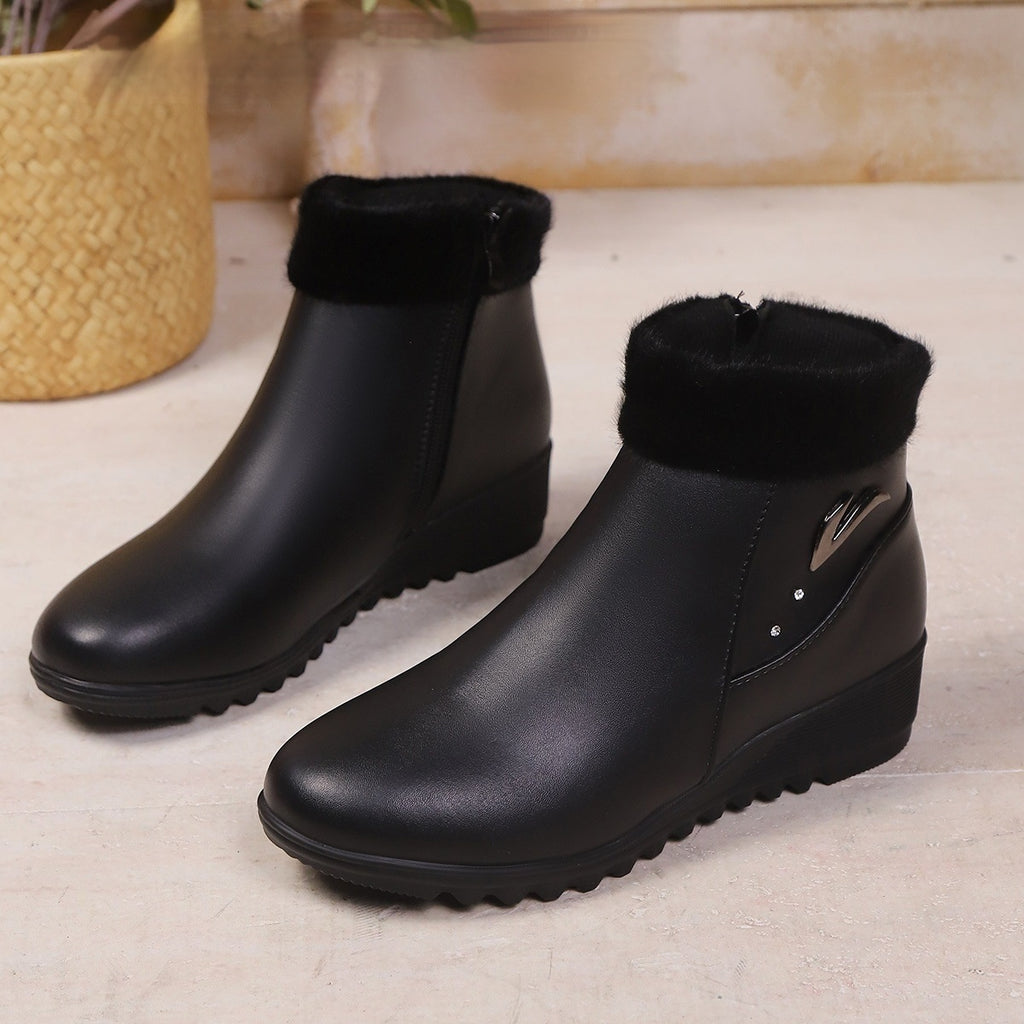 Women's Low Heel Round Toe Plus Fleece Side Zipper Boots