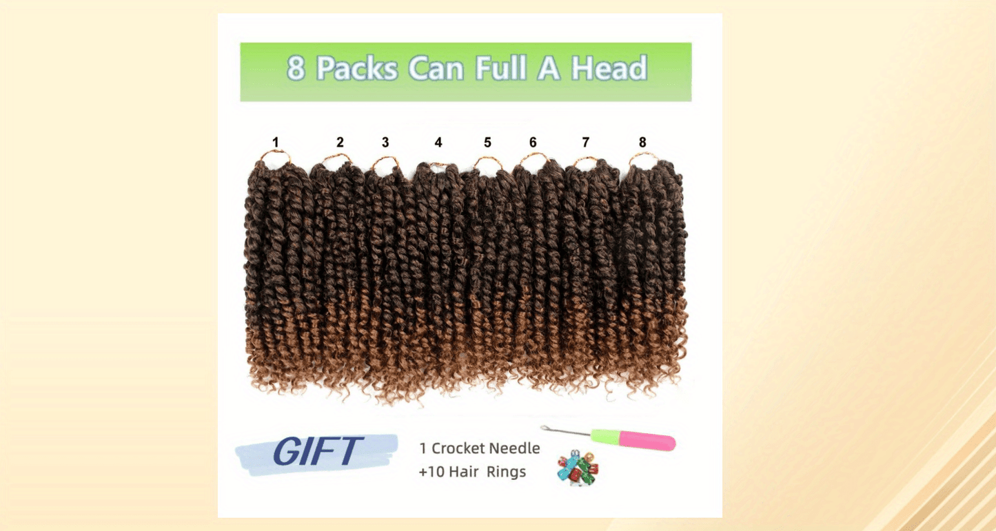 YOROSTAR 8 Inch Pre-Twisted Synthetic Soft Crochet Hair Extensions - 8 Packs, Low Temperature Fiber, Pre-Looped Passion Twist Curly with 6 Inch Hair, Crochet Needle & Hair Rings Gift for Black Women