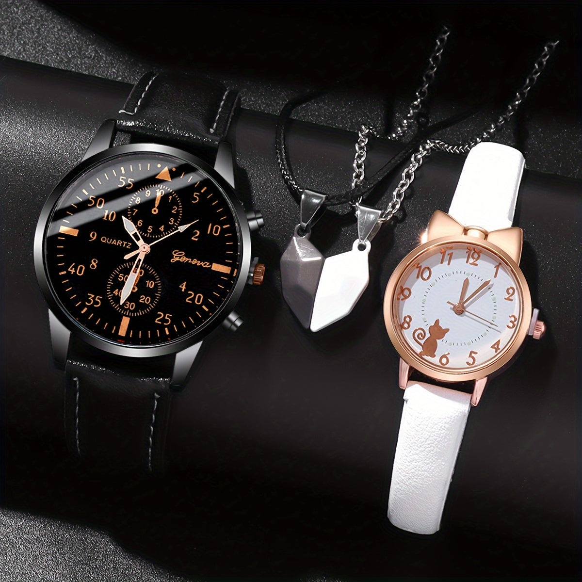 4pcs/set Romantic Couples Watch & Necklace Set - Stylish Quartz Watches with Adjustable Leather Bands & Matching Heart Pendants, Perfect Valentines Day Gift for Lovers