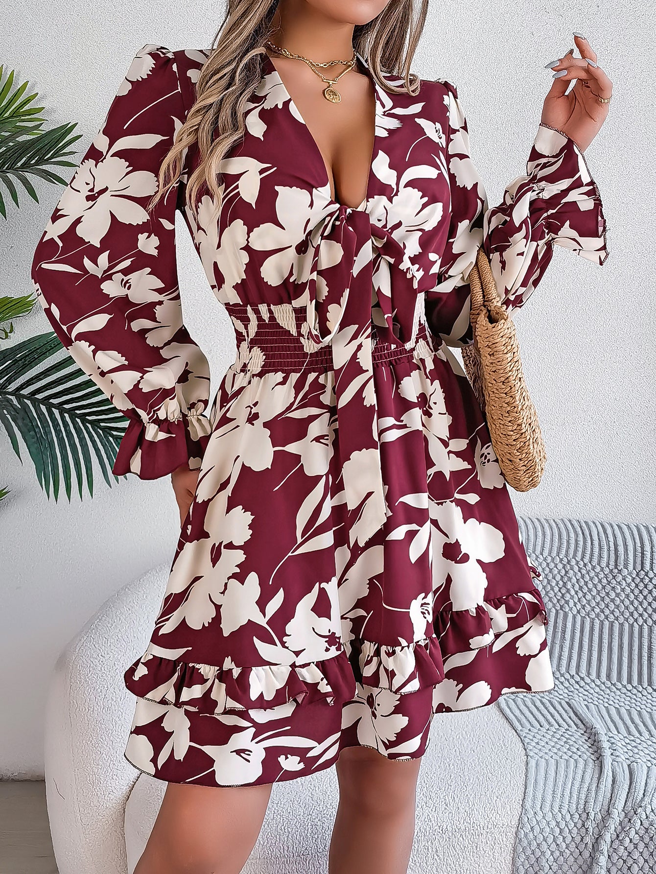 Women's Floral Long Sleeve Scalloped Hem A-Line Dress