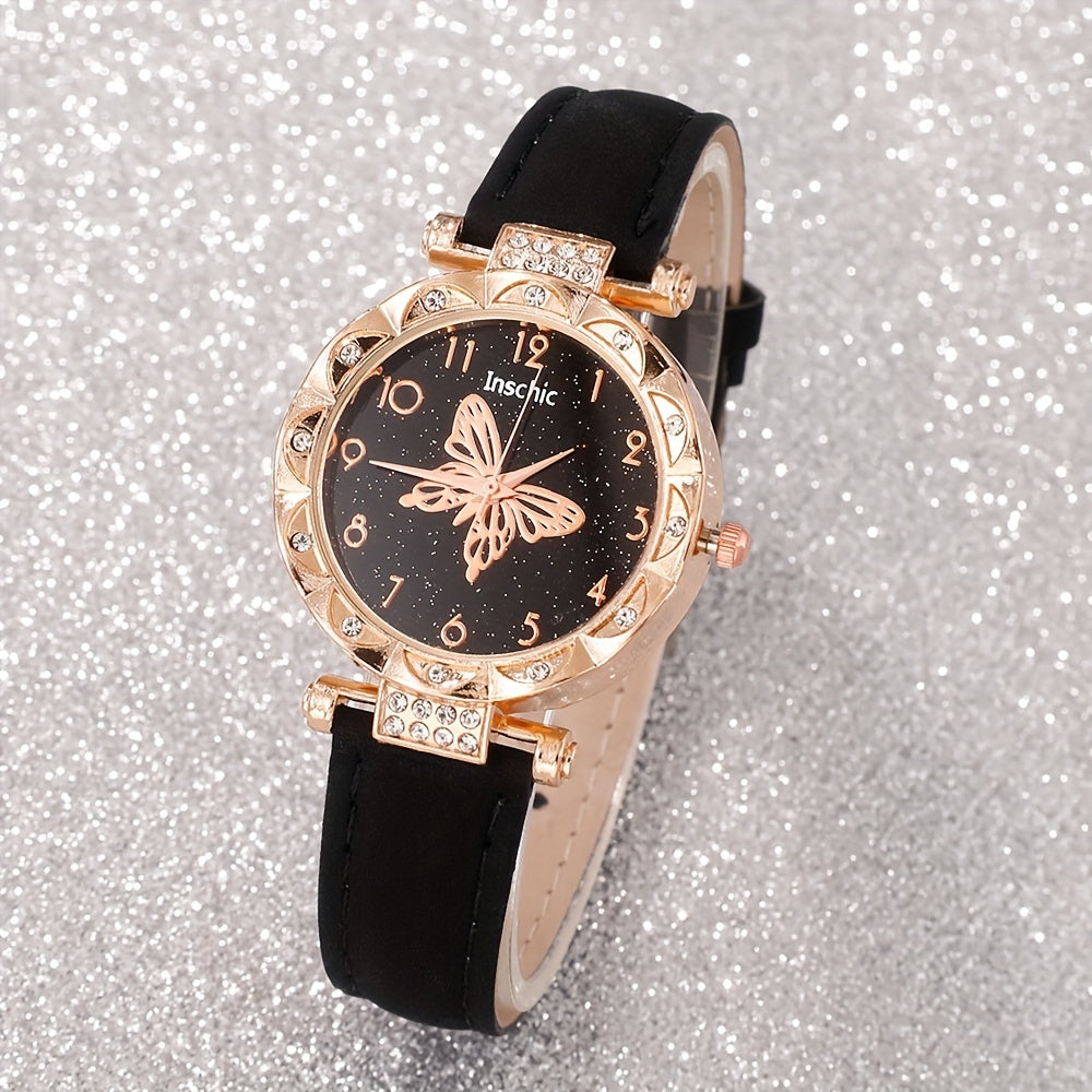 6 Pcs Elegant And Fashionable Watch Leather Strap Quartz Watches With Exquisite Butterfly Jewelry Set Gift For Friends