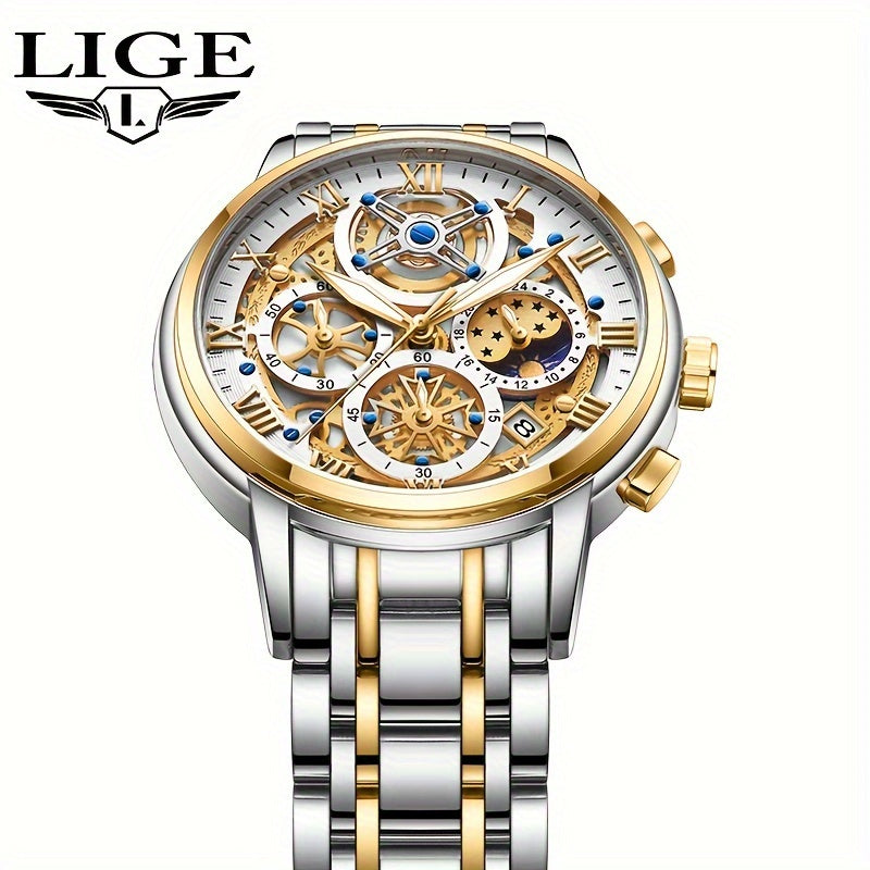 LIGE Noble Luxury Business men's Watch Stainless Steel Strap. Fashion Creative Gear Dial Waterproof Luminous Calendar Quartz Watches. Suitable for family gatherings as gifts