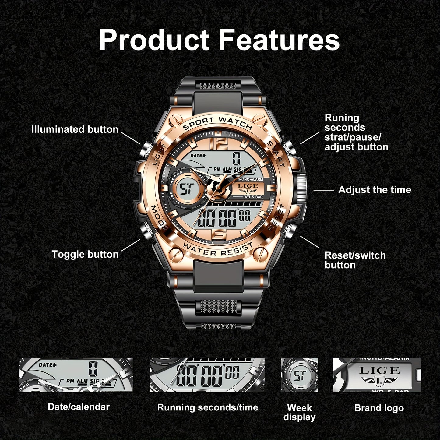 LIGE Electronic Watches For Men Luxury Sport Chronograph Alarm WristWatch Quartz Big Clock Digital Male Watch