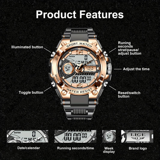 LIGE Electronic Watches For Men Luxury Sport Chronograph Alarm WristWatch Quartz Big Clock Digital Male Watch