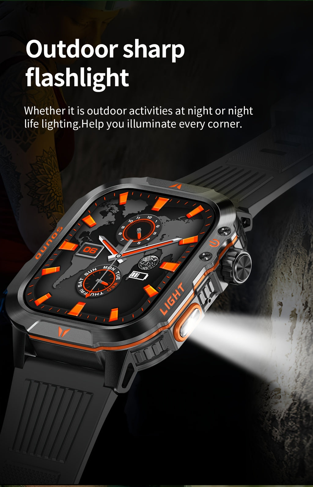 Outdoor smart watch, wireless calling, sports watch, compass, altimeter, barometer, LED flashlight, IP68, pedometer, fitness tracker, multimedia information viewing, weather 100+ sports modes, suitable for Android iPhone, Men