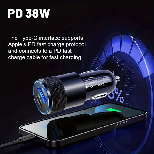 1pc USB A+C Dual Ports Mini Pull Ring Car Charger, Type-C Car Charger Mini Adapter For IPhone/Google/Huawei/Xiaomi/Android Phones