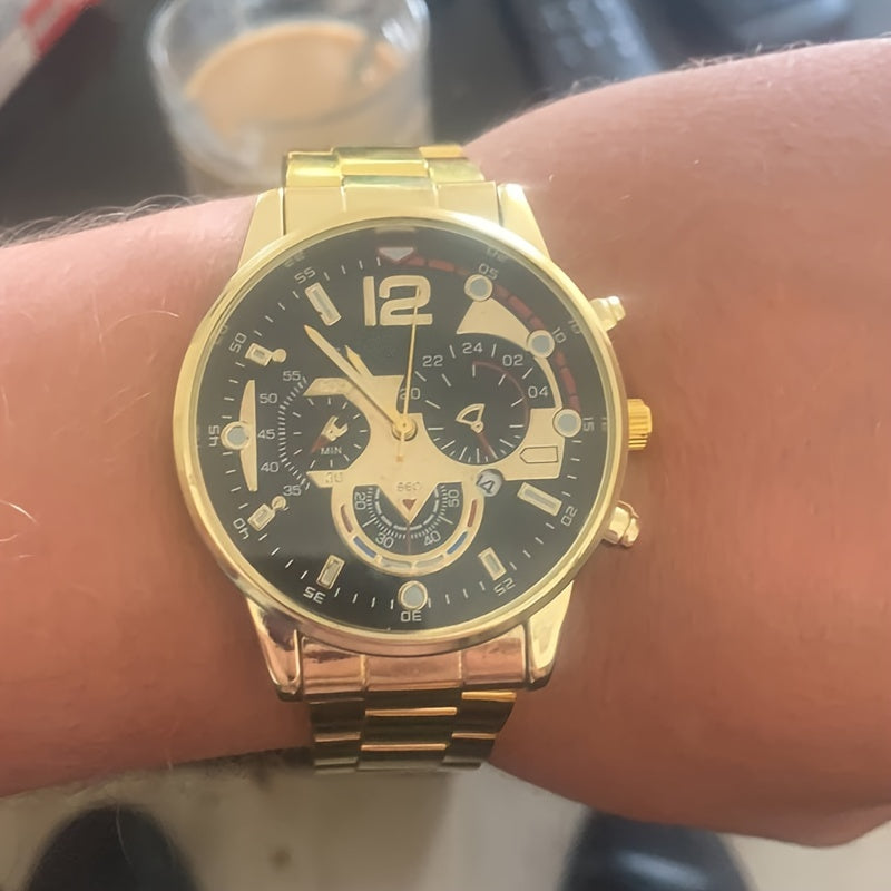 3pcs/set, Fashion Mens Business Stainless Steel Calendar Watches & Silvery Bracelet Cross Pendant Necklace