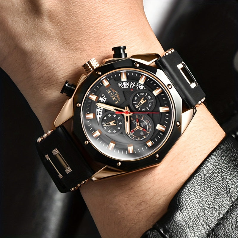 ساعة ليج الرجالية العصرية. كرونوغراف، تقويم، كوارتز مضيئة. ساعات رياضية خارجية كاجوال مقاومة للماء. مناسبة للهدايا الرجالية.