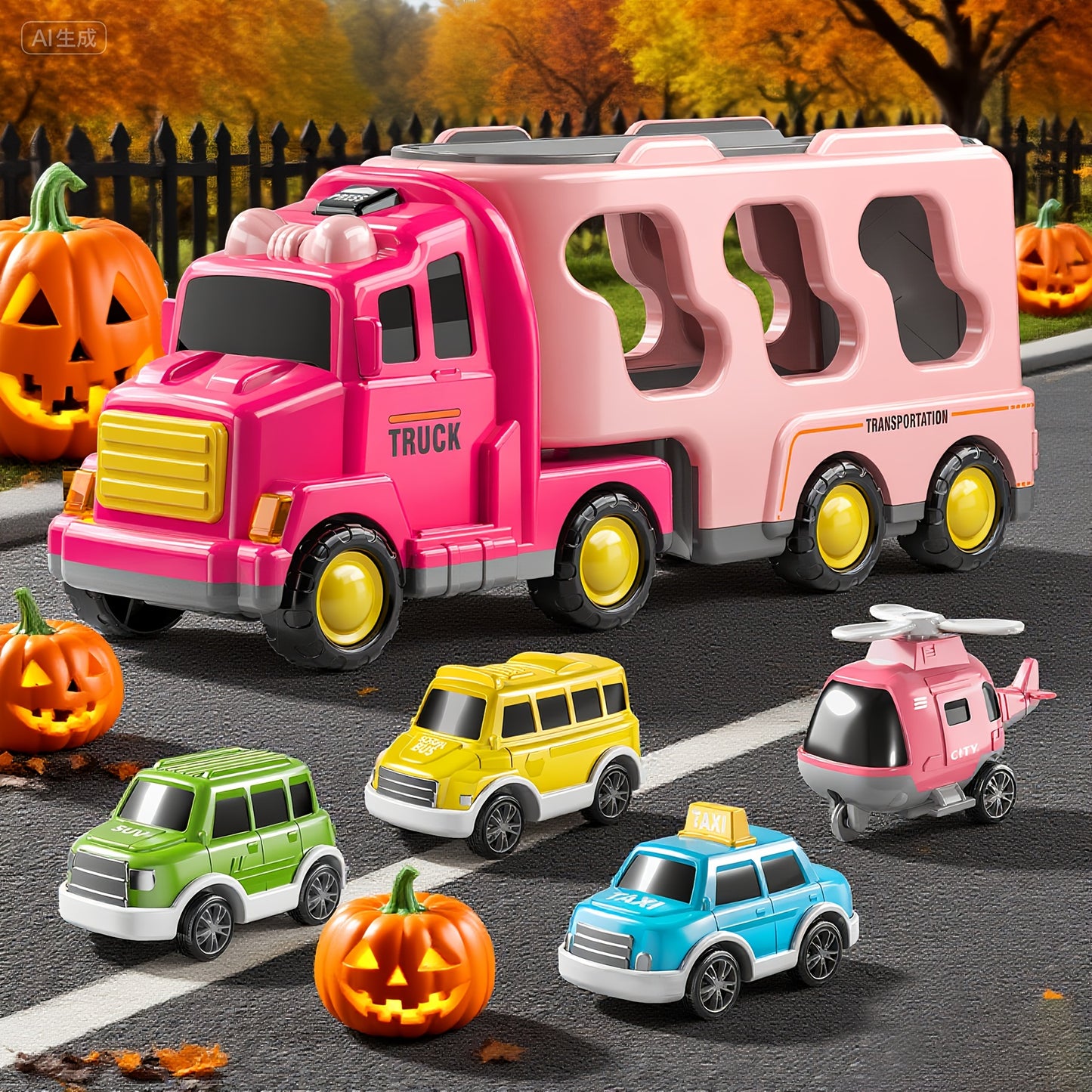 Girls Truck Toys For 3 4 5 6 Year Old Girls, 5-in-1 Friction Power Vehicle Car Toy For Toddlers 3-6, Carrier Toys For Kids 3-5, Christmas Birthday Gifts For Girls Age 3-9