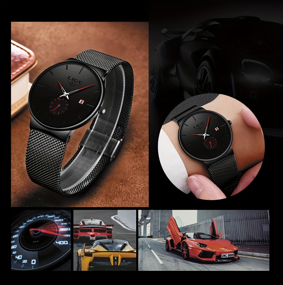 LIGE Minimalist Casual Men's Watch with Stainless Steel Mesh Belt. Leisure Fashion Men's Business Quartz Watches. Waterproof Calendar Wristwatch. Suitable for Gifts to Men.