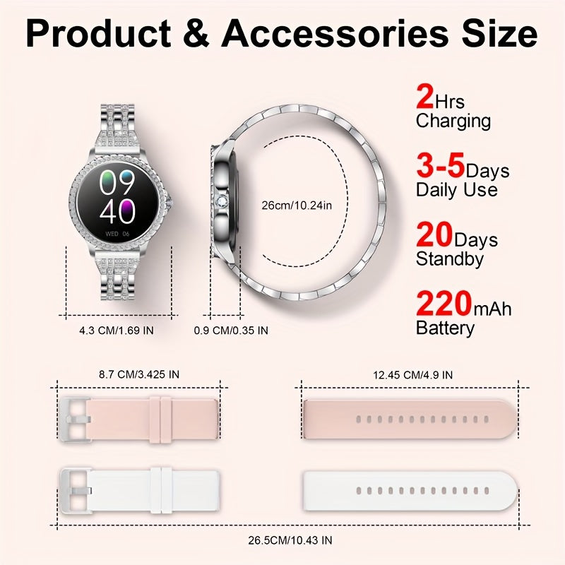 Smart Watch, Full Touch Smart Watches for Android & iPhone Compatible,(Answer/Make Call) Smart Fitness Tracker Watch for Women/Man Smartwatch with Sports/Step, Ideal for Gift (Include Bands:Silver + Beige + Light Pink)