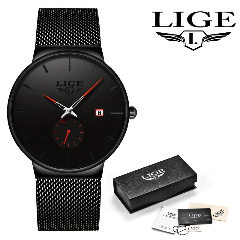 LIGE Minimalist Casual Men's Watch with Stainless Steel Mesh Belt. Leisure Fashion Men's Business Quartz Watches. Waterproof Calendar Wristwatch. Suitable for Gifts to Men.