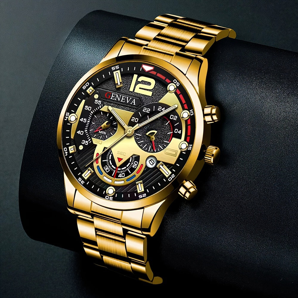 3pcs/set, Fashion Mens Business Stainless Steel Calendar Watches & Silvery Bracelet Cross Pendant Necklace