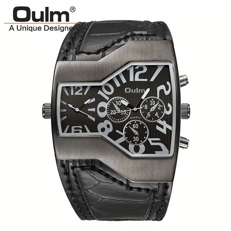 Oulm Classic Style Two Time Zone Men's Watches PU Leather Wristwatch Male Quartz Clock, Ideal choice for Gifts