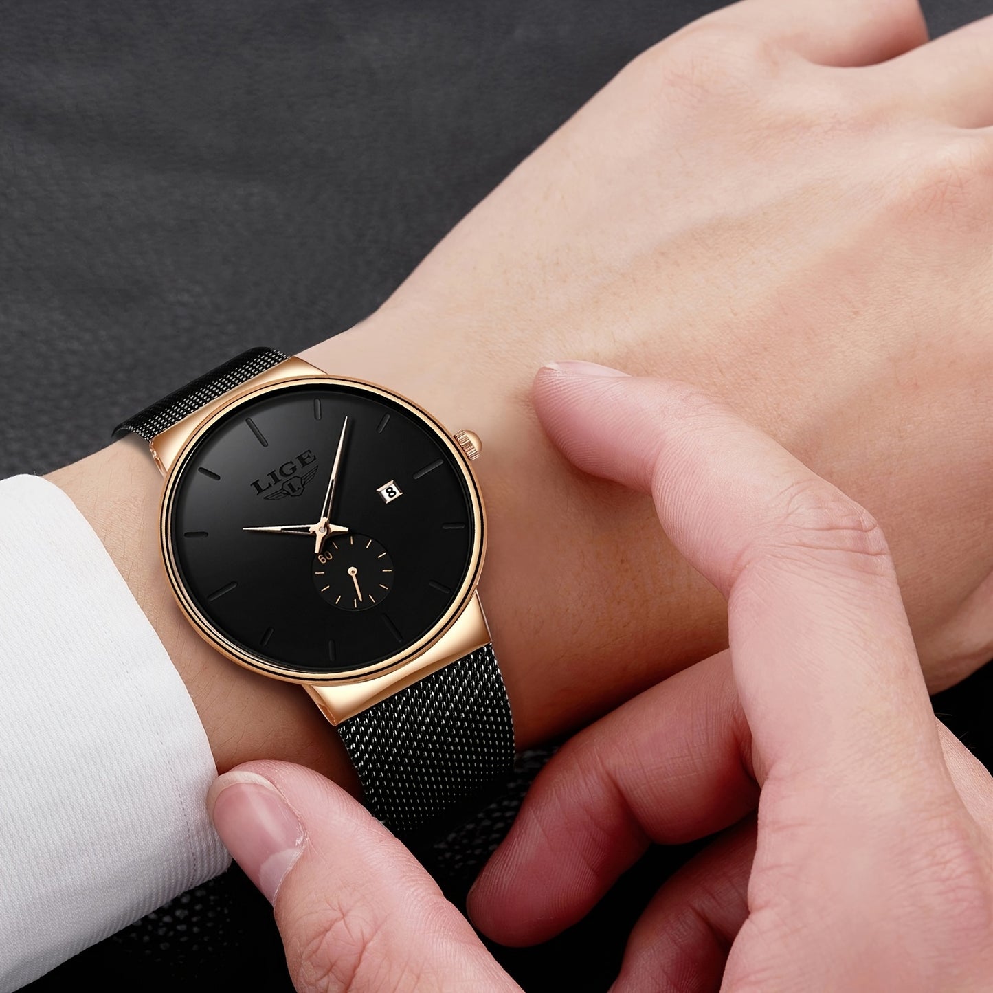 LIGE Minimalist Casual Men's Watch with Stainless Steel Mesh Belt. Leisure Fashion Men's Business Quartz Watches. Waterproof Calendar Wristwatch. Suitable for Gifts to Men.