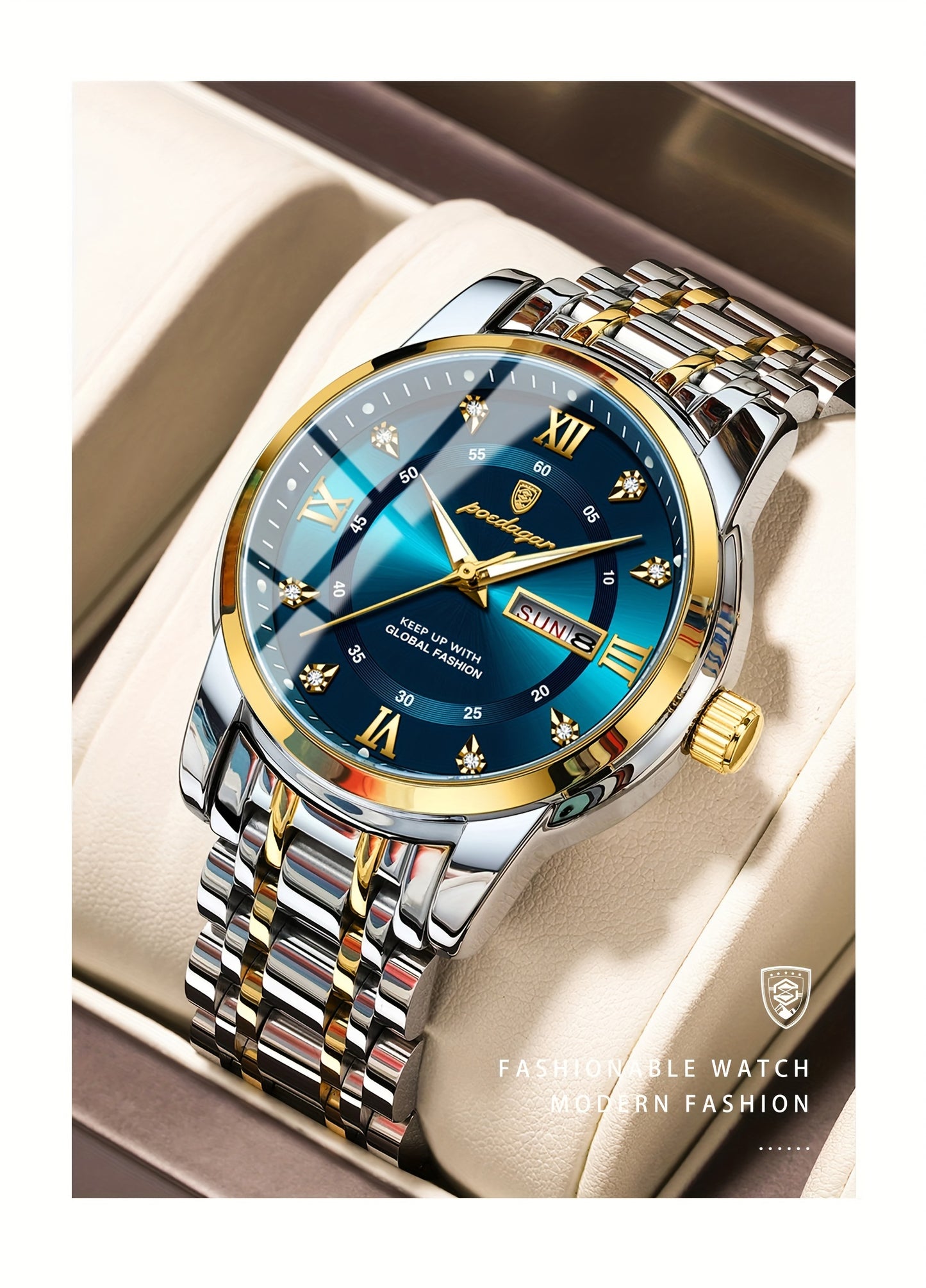 Elegant Date Week Waterproof Luminous Quartz Watch, Stainless Steel Sports Men's Watches