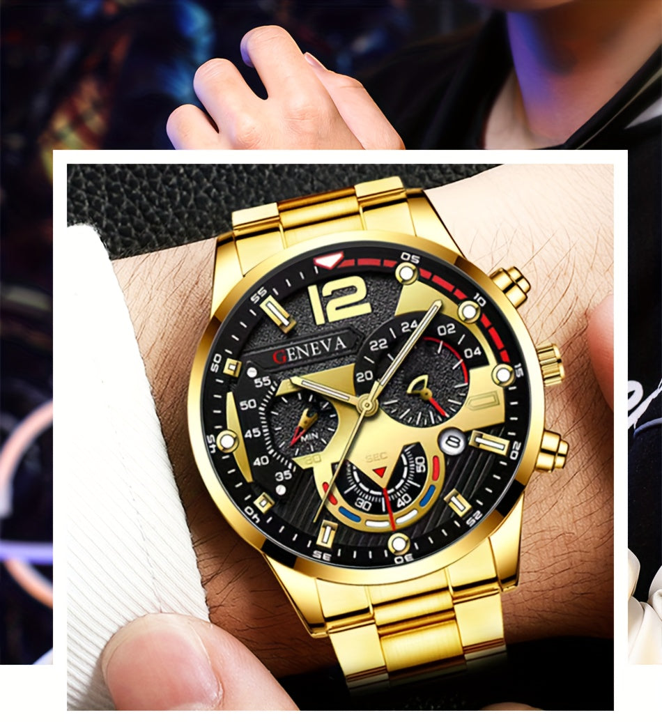 3pcs/set, Fashion Mens Business Stainless Steel Calendar Watches & Silvery Bracelet Cross Pendant Necklace