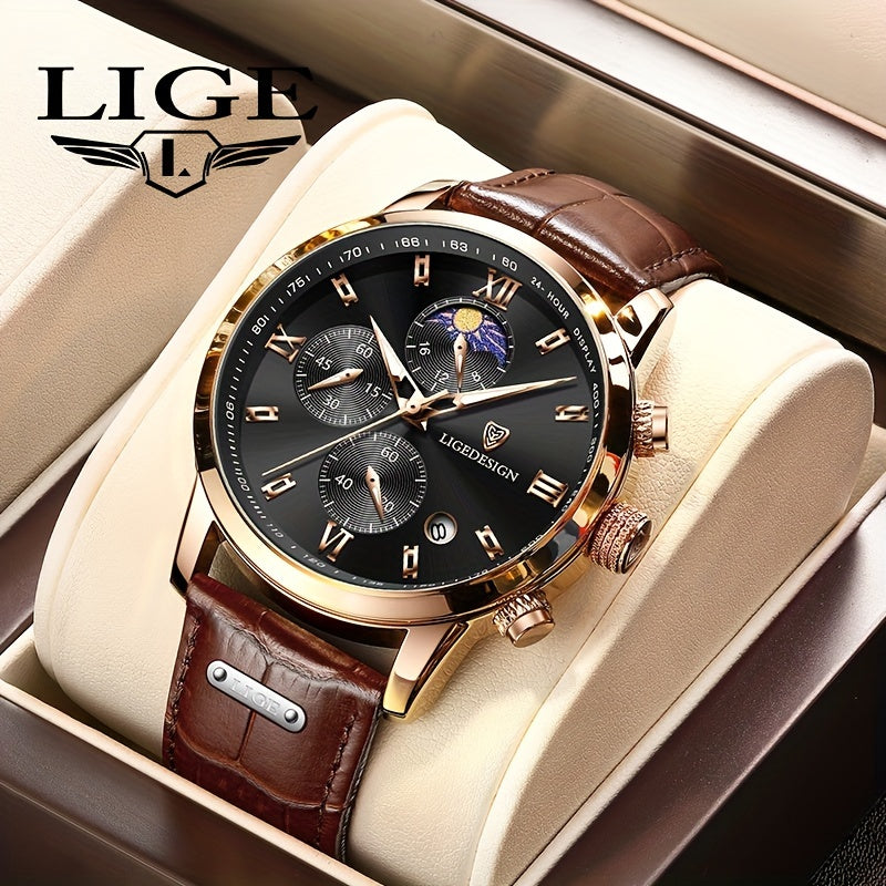 LIGE Men's Watch with Strap. Outdoor Sports Waterproof Watches. Chronograph Luminous Calendar Quartzwatches. Suitable as a Christmas gift.