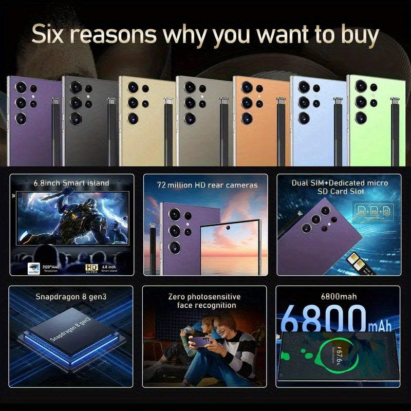 S25 Super Unlocked Dual SIM 4G Suitable for Android Phones, Compatible with Android 13 System, 12GB+512GB Large Capacity, 6.8-Inch High-Definition Display Screen, 6800Mah Battery, Facial Recognition, GPS, Built in Pen, with H