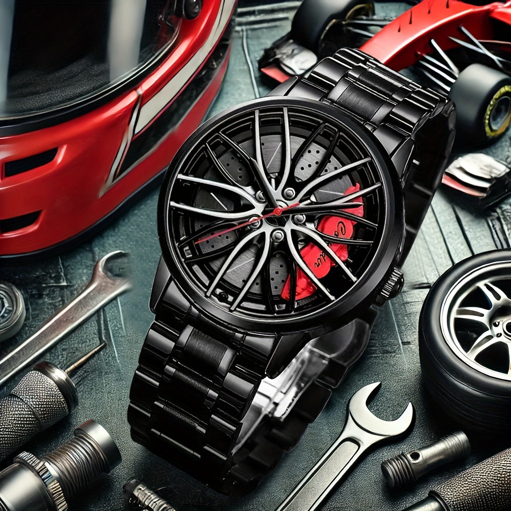 1pc Men's Trendy Black Alloy Sports Car Wheel Hub Design Quartz Watch - Fashionable Wrist Watches with Stylish Hubcap Pattern, Water Resistant and Accurate Timekeeping - Perfect for Outdoor Enthusiasts and Car Lovers