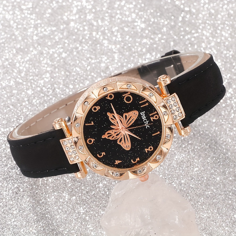 6 Pcs Elegant And Fashionable Watch Leather Strap Quartz Watches With Exquisite Butterfly Jewelry Set Gift For Friends