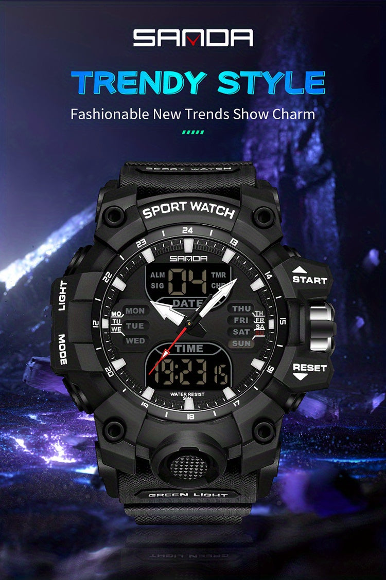 Stylish SANDA Waterproof Multi-Functional Watch for Men - Wrist Watches with Date Display, Alarm, Stopwatch, and LED Light - Perfect for Outdoor Activities