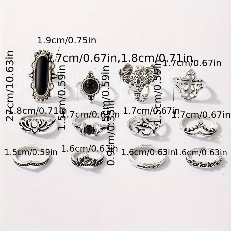 12pcs Gothic Style Stacking Rings Trendy Cross/ Lotus/ Crown Design Mix And Match For Daily Outfits Perfect Accessories For Cool ladies