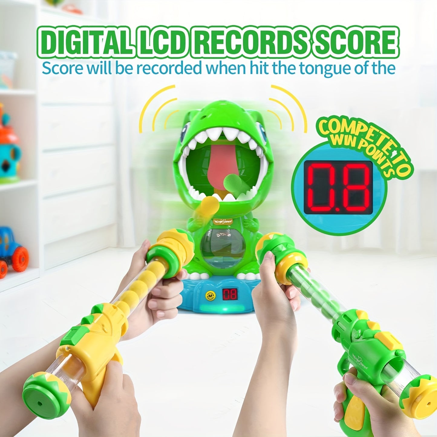 EagleStone Movable Dinosaur Toys For Kids 5-7, Spaying & Auto Scoring, Dino Shooting Target Game With 2 Pump Guns, 48 Foam Balls, Sound, Fun Gift For Boys & Girls, Party Favor