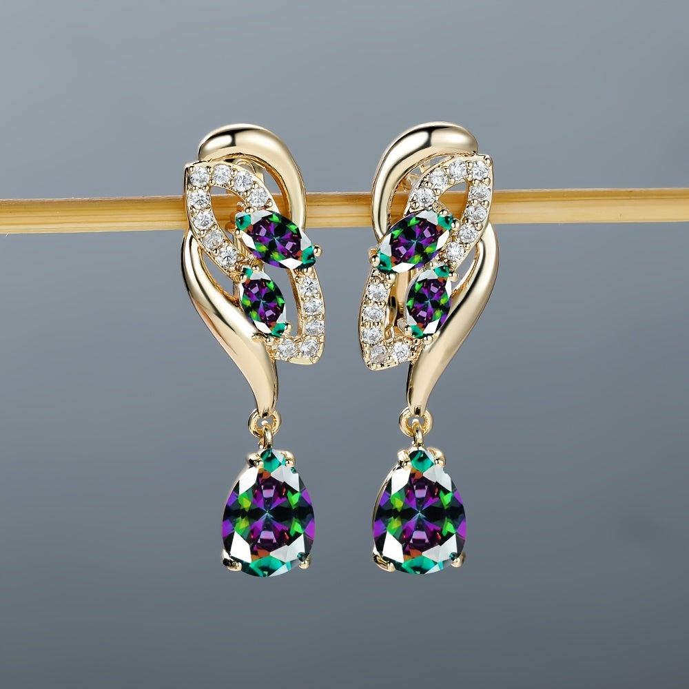 ANGOL Romantic Flower Dangle Earrings for Women - Golden-Tone Floral Design with Red & Clear Synthetic Gemstones, Elegant Party & Everyday Jewelry Gifts