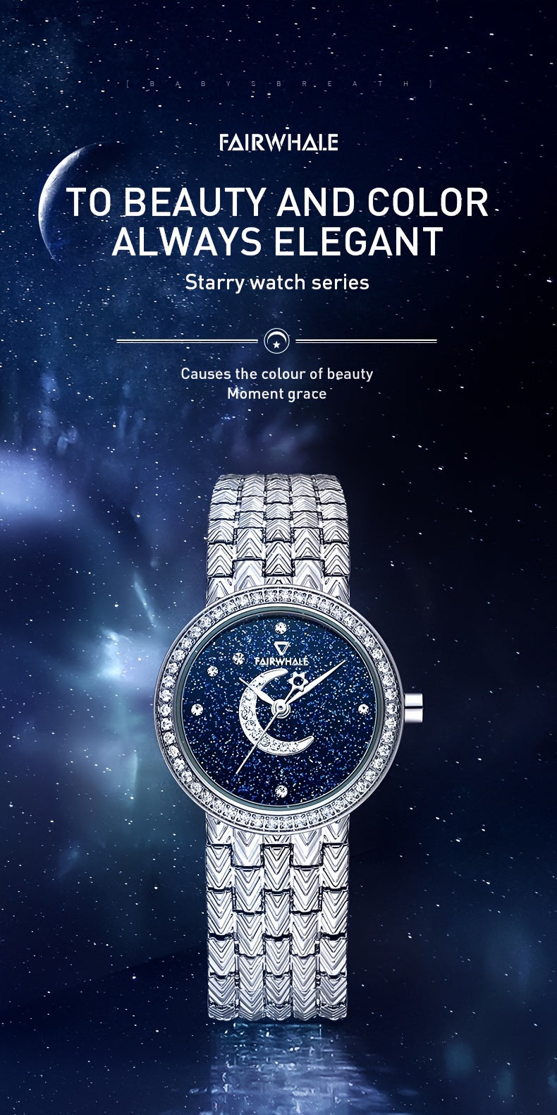 Round Quartz Watches Stainless Steel Strap Alloy Pointer Stainless Steel Rhinestone Dial Luminous Moon Phase Starry Sky Watches Gifts For Eid