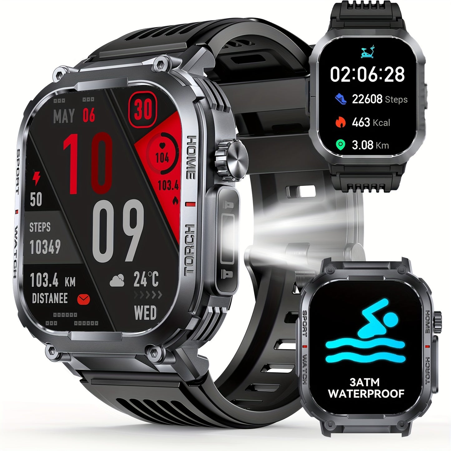 2.02" Smartwatch IP68 Waterproof for Men Women, Answer/Dial Calls Watch with LED Flashlight, Full Touch Screen Compatible with iPhone and Android Phones - Black